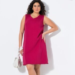 Women’s Ulla Popken Lettuce Edge V-Neck Knit Tank Tunic Dress, Raspberry, 16/18